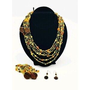 CGI CN Tiger Eye Peridot Amber Pearl Bead Multi Strand Necklace Bracelet Earring